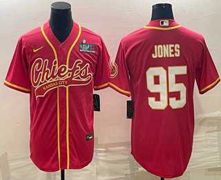 Mens Kansas City Chiefs #95 Chris Jones Red With Super Bowl LVII Patch Cool Base Stitched Baseball Jersey
